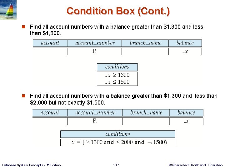 Condition Box (Cont. ) n Find all account numbers with a balance greater than