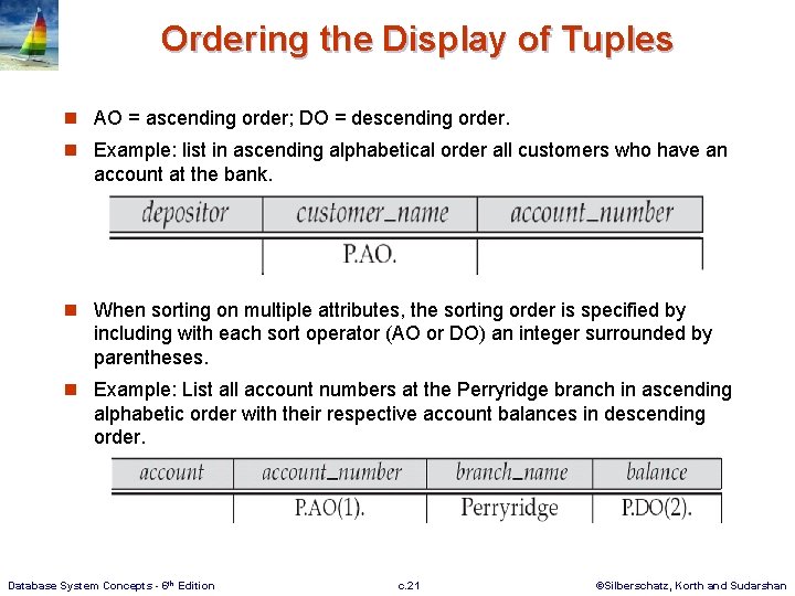 Ordering the Display of Tuples n AO = ascending order; DO = descending order.