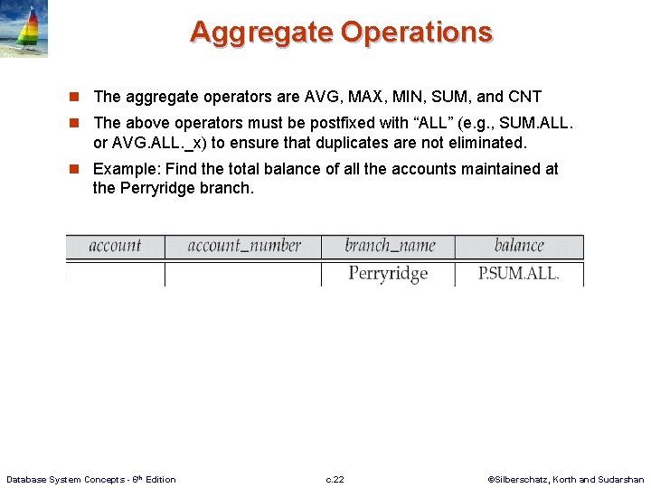Aggregate Operations n The aggregate operators are AVG, MAX, MIN, SUM, and CNT n