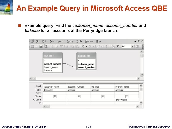 An Example Query in Microsoft Access QBE n Example query: Find the customer_name, account_number