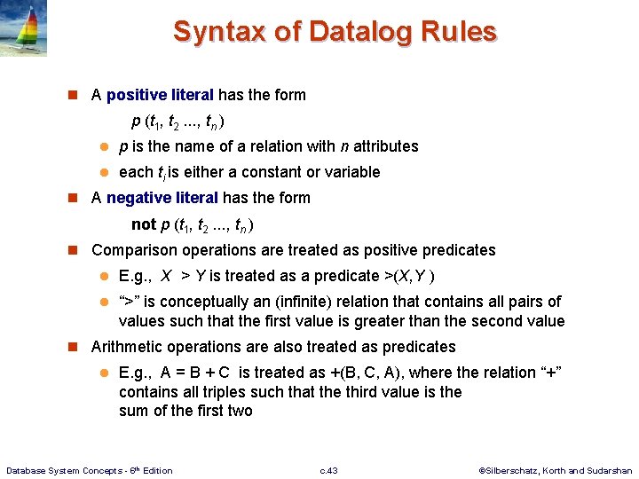 Syntax of Datalog Rules n A positive literal has the form p (t 1,