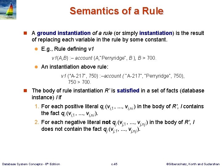 Semantics of a Rule n A ground instantiation of a rule (or simply instantiation)