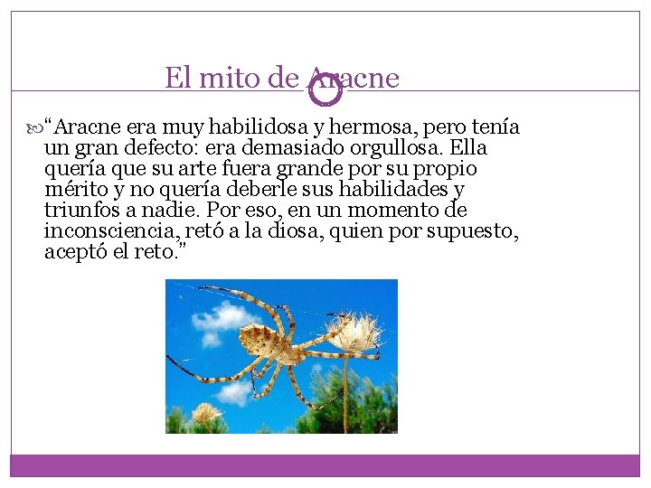 El mito de Aracne “Aracne era muy habilidosa y hermosa, pero tenía un gran