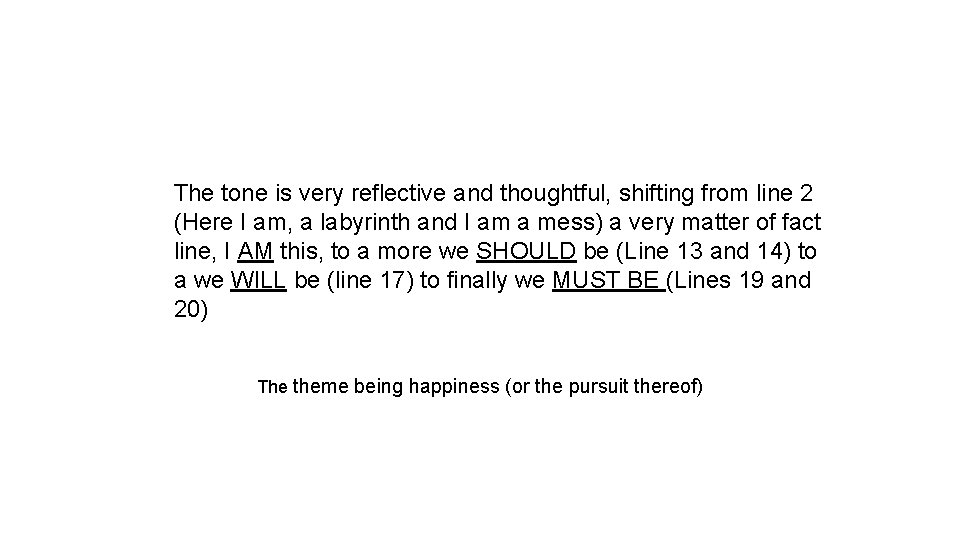 The tone is very reflective and thoughtful, shifting from line 2 (Here I am,