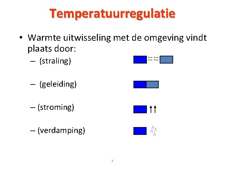 Temperatuurregulatie • Warmte uitwisseling met de omgeving vindt plaats door: ~ ~~ ~ –