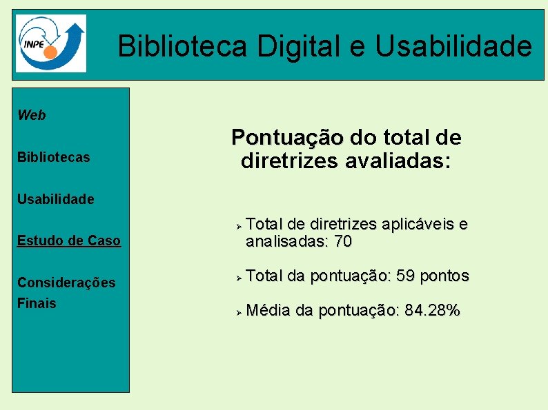 Biblioteca Digital e Usabilidade Web Bibliotecas Pontuação do total de diretrizes avaliadas: Usabilidade Ø