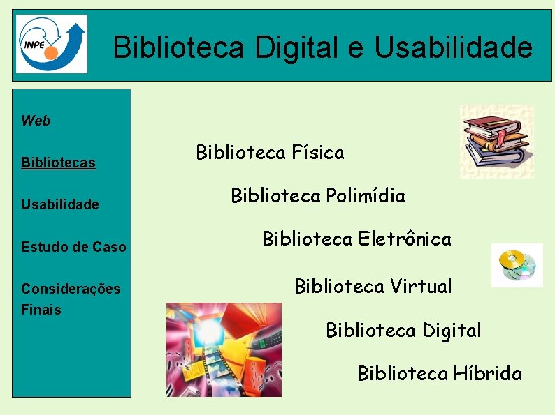 Biblioteca Digital e Usabilidade Web Bibliotecas Usabilidade Estudo de Caso Considerações Finais Livros, cds.