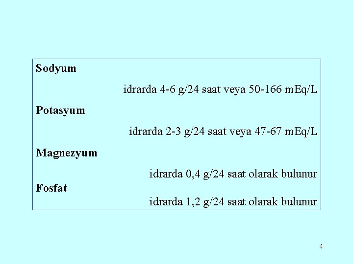 Sodyum idrarda 4 -6 g/24 saat veya 50 -166 m. Eq/L Potasyum idrarda 2
