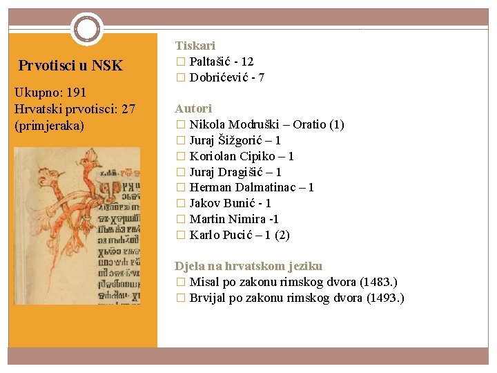 Prvotisci u NSK Ukupno: 191 Hrvatski prvotisci: 27 (primjeraka) Tiskari � Paltašić - 12