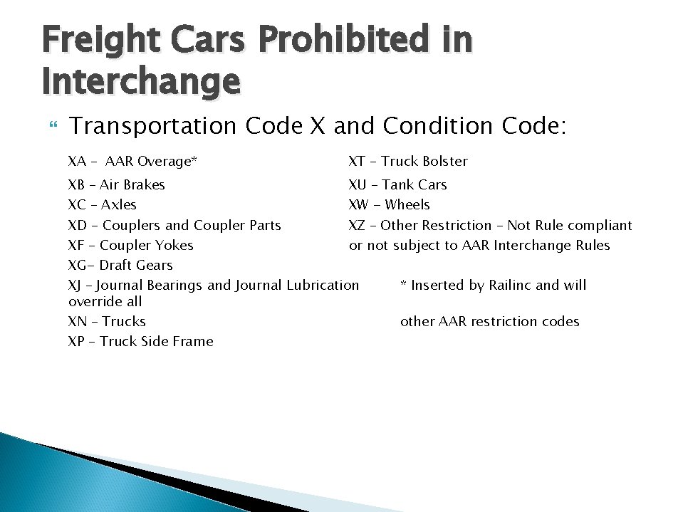 Freight Cars Prohibited in Interchange Transportation Code X and Condition Code: XA – AAR Freight Cars Prohibited in Interchange Transportation Code X and Condition Code: XA – AAR