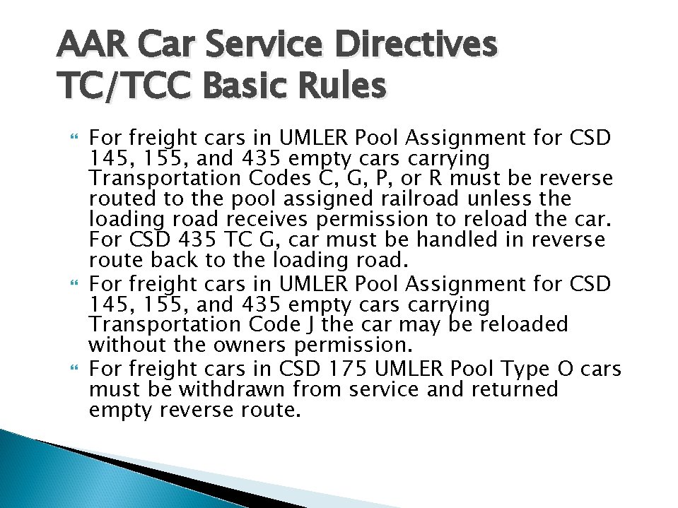 AAR Car Service Directives TC/TCC Basic Rules For freight cars in UMLER Pool Assignment