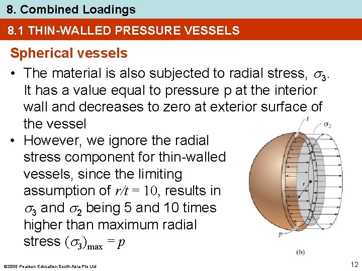 8. Combined Loadings 8. 1 THIN-WALLED PRESSURE VESSELS Spherical vessels • The material is