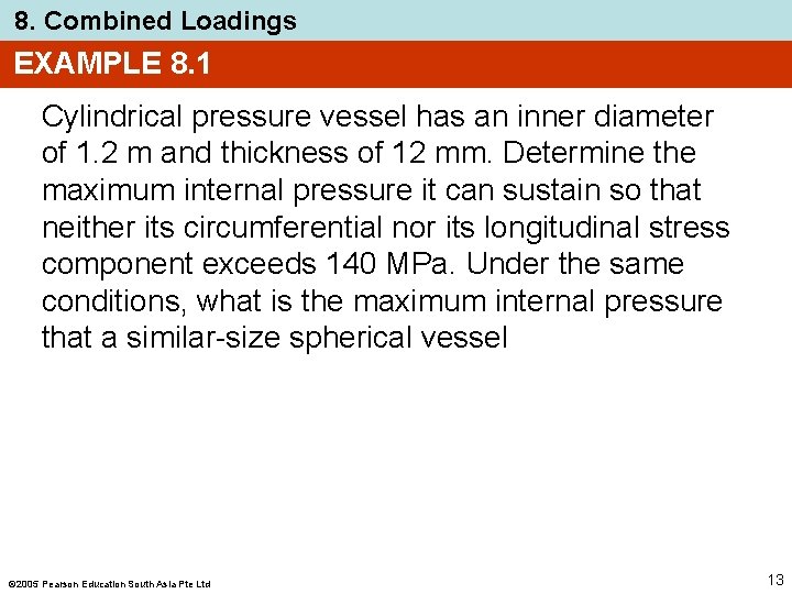 8. Combined Loadings EXAMPLE 8. 1 Cylindrical pressure vessel has an inner diameter of