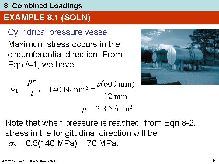 8. Combined Loadings EXAMPLE 8. 1 (SOLN) Cylindrical pressure vessel Maximum stress occurs in