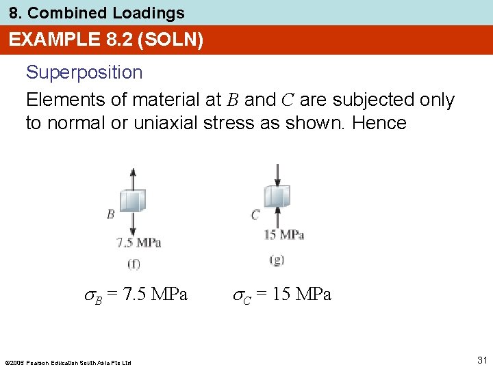 8. Combined Loadings EXAMPLE 8. 2 (SOLN) Superposition Elements of material at B and