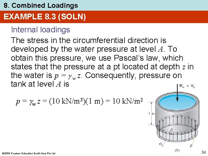 8. Combined Loadings EXAMPLE 8. 3 (SOLN) Internal loadings The stress in the circumferential