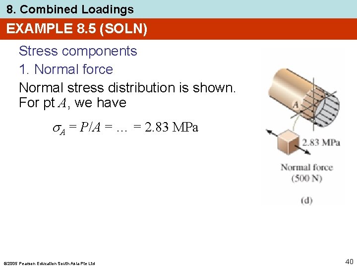 8. Combined Loadings EXAMPLE 8. 5 (SOLN) Stress components 1. Normal force Normal stress