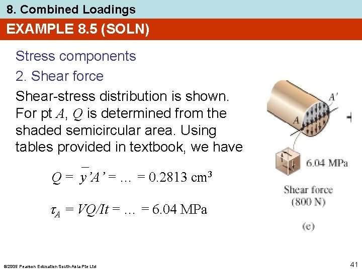 8. Combined Loadings EXAMPLE 8. 5 (SOLN) Stress components 2. Shear force Shear-stress distribution