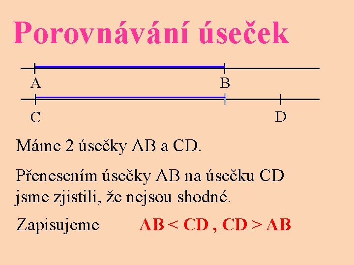 Porovnávání úseček A B D C Máme 2 úsečky AB a CD. Přenesením úsečky