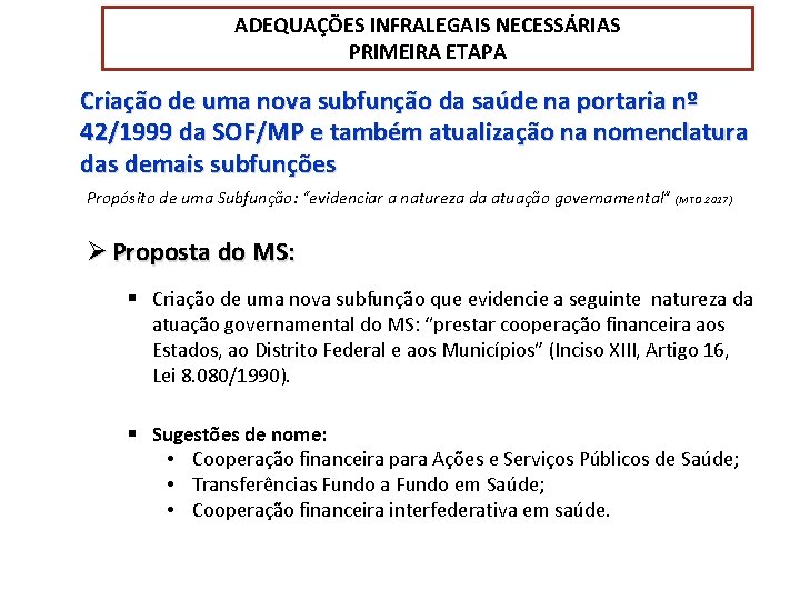 ADEQUAÇÕES INFRALEGAIS NECESSÁRIAS PRIMEIRA ETAPA Criação de uma nova subfunção da saúde na portaria