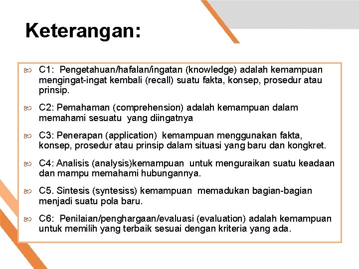 Keterangan: C 1: Pengetahuan/hafalan/ingatan (knowledge) adalah kemampuan mengingat-ingat kembali (recall) suatu fakta, konsep, prosedur