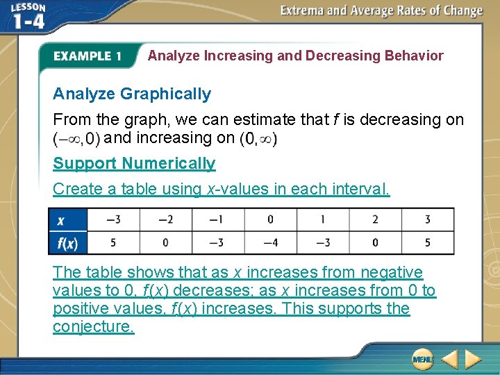 Analyze Increasing and Decreasing Behavior Analyze Graphically From the graph, we can estimate that