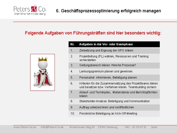 6. Geschäftsprozessoptimierung erfolgreich managen Folgende Aufgaben von Führungskräften sind hier besonders wichtig: www. Peters-Co.