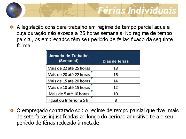 Férias Individuais A legislação considera trabalho em regime de tempo parcial aquele cuja duração