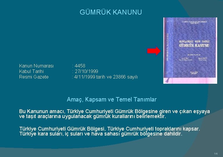  GÜMRÜK KANUNU Kanun Numarası : 4458 Kabul Tarihi : 27/10/1999 Resmi Gazete :