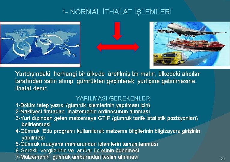  1 - NORMAL İTHALAT İŞLEMLERİ Yurtdışındaki herhangi bir ülkede üretilmiş bir malın, ülkedeki