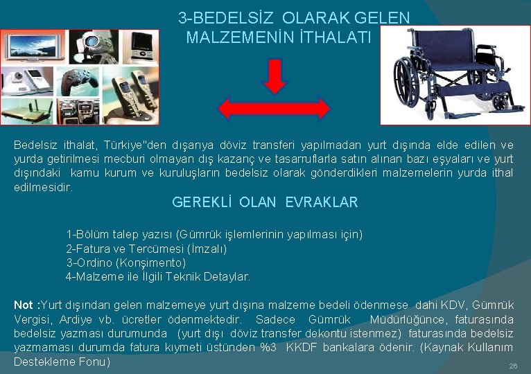  3 -BEDELSİZ OLARAK GELEN MALZEMENİN İTHALATI Bedelsiz ithalat, Türkiye''den dışarıya döviz transferi yapılmadan