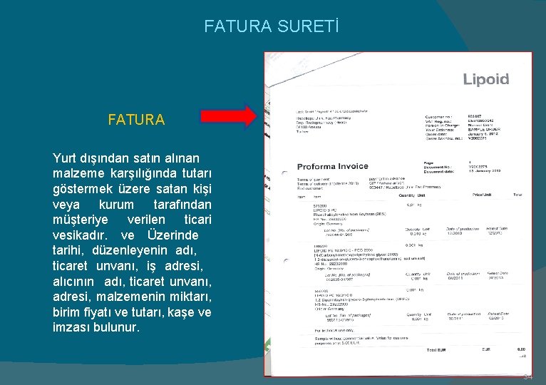 FATURA SURETİ FATURA Yurt dışından satın alınan malzeme karşılığında tutarı göstermek üzere satan kişi