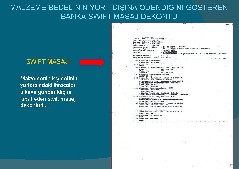 MALZEME BEDELİNİN YURT DIŞINA ÖDENDİGİNİ GÖSTEREN BANKA SWİFT MASAJ DEKONTU SWİFT MASAJI Malzemenin kıymetinin