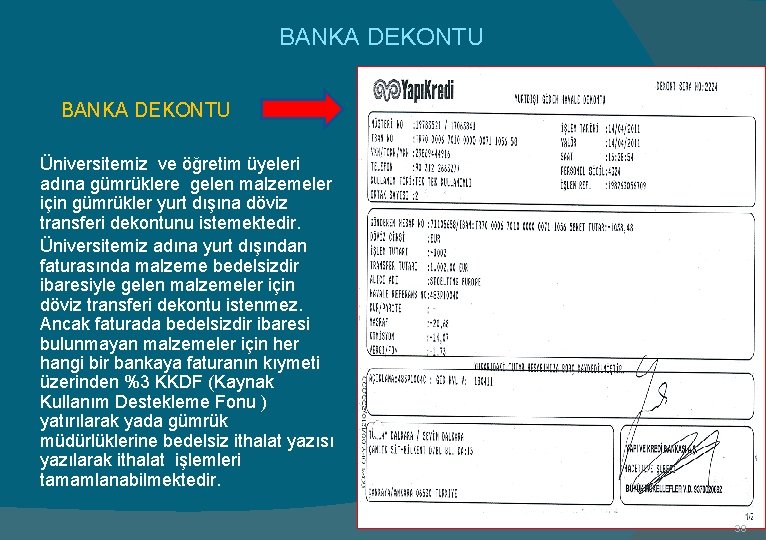 BANKA DEKONTU BANKA DEKONTU Üniversitemiz ve öğretim üyeleri adına gümrüklere gelen malzemeler için gümrükler