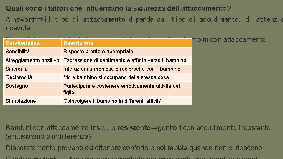 Quali sono i fattori che influenzano la sicurezza dell’attaccamento? Ainsworth⇒il tipo di attaccamento dipende