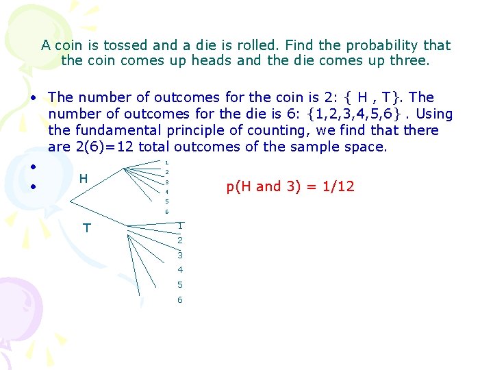 A coin is tossed and a die is rolled. Find the probability that the