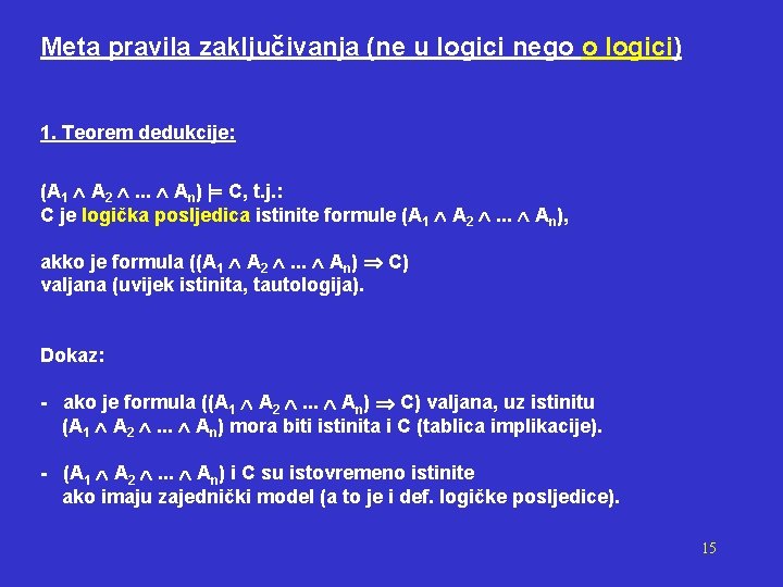 Meta pravila zaključivanja (ne u logici nego o logici) 1. Teorem dedukcije: (A 1