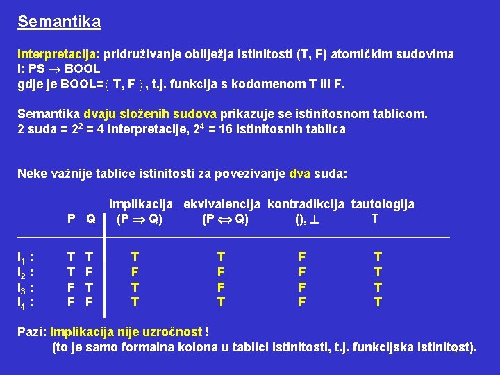 Semantika Interpretacija: pridruživanje obilježja istinitosti (T, F) atomičkim sudovima I: PS BOOL gdje je