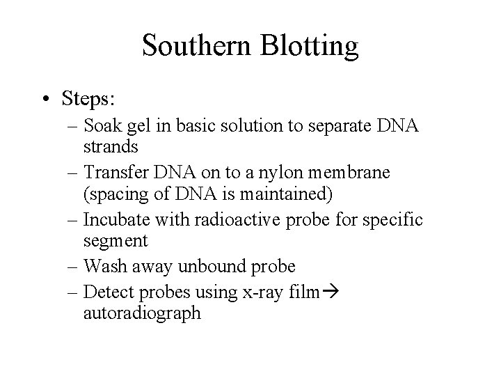 Southern Blotting • Steps: – Soak gel in basic solution to separate DNA strands