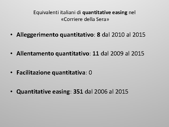 Equivalenti italiani di quantitative easing nel «Corriere della Sera» • Alleggerimento quantitativo: 8 dal