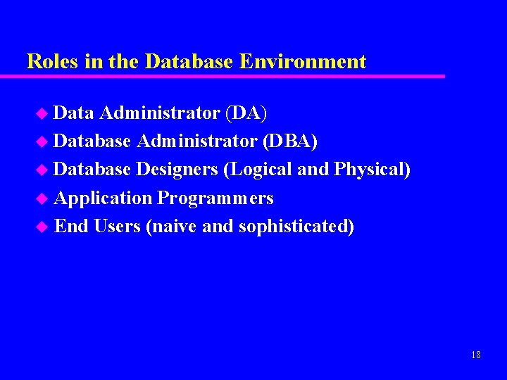 Roles in the Database Environment u Data Administrator (DA) u Database Administrator (DBA) u