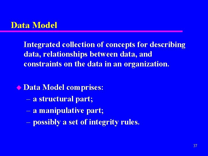 Data Model Integrated collection of concepts for describing data, relationships between data, and constraints