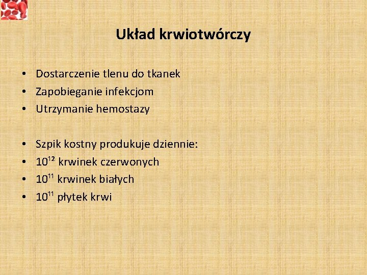 Układ krwiotwórczy • Dostarczenie tlenu do tkanek • Zapobieganie infekcjom • Utrzymanie hemostazy •