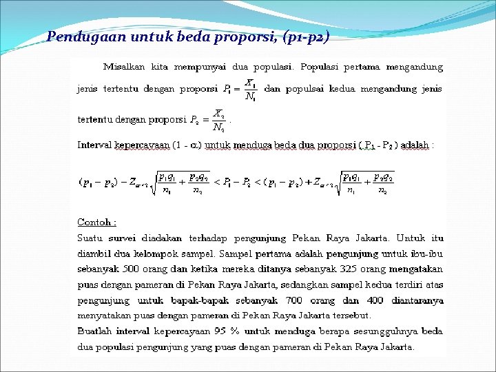 Pendugaan untuk beda proporsi, (p 1 -p 2) 