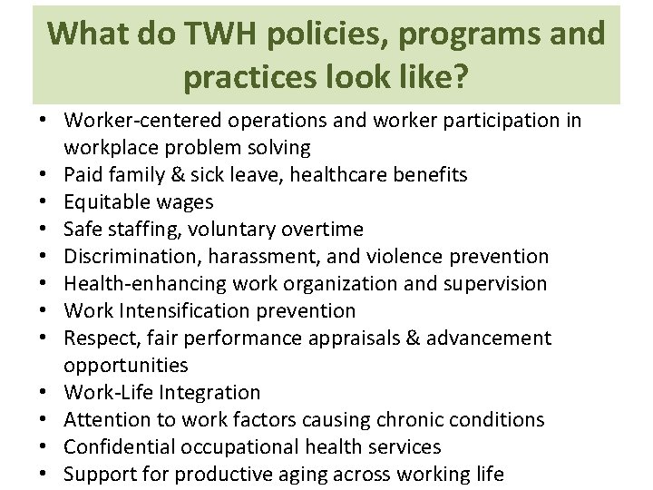 What do TWH policies, programs and practices look like? • Worker-centered operations and worker