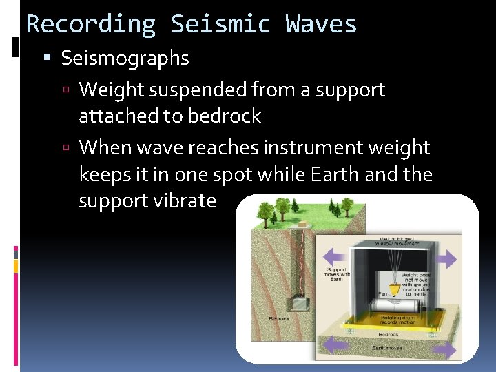Recording Seismic Waves Seismographs Weight suspended from a support attached to bedrock When wave