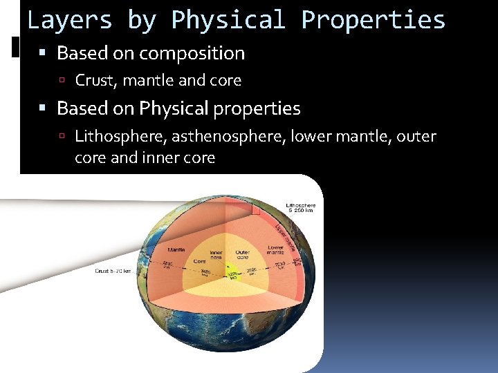 Layers by Physical Properties Based on composition Crust, mantle and core Based on Physical