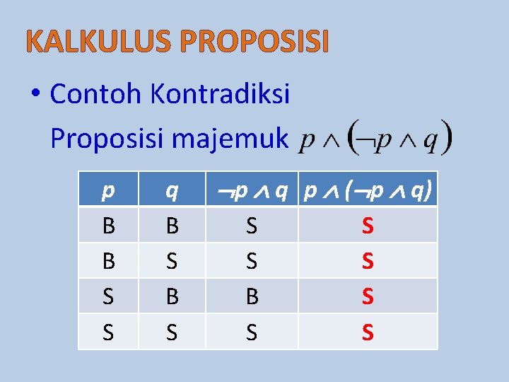 KALKULUS PROPOSISI • Contoh Kontradiksi Proposisi majemuk p B B S S q B