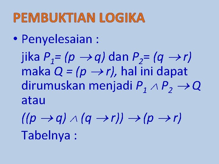 PEMBUKTIAN LOGIKA • Penyelesaian : jika P 1= (p q) dan P 2= (q