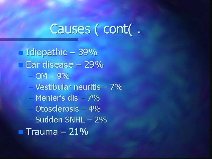 Causes ( cont(. Idiopathic – 39% n Ear disease – 29% n – OM